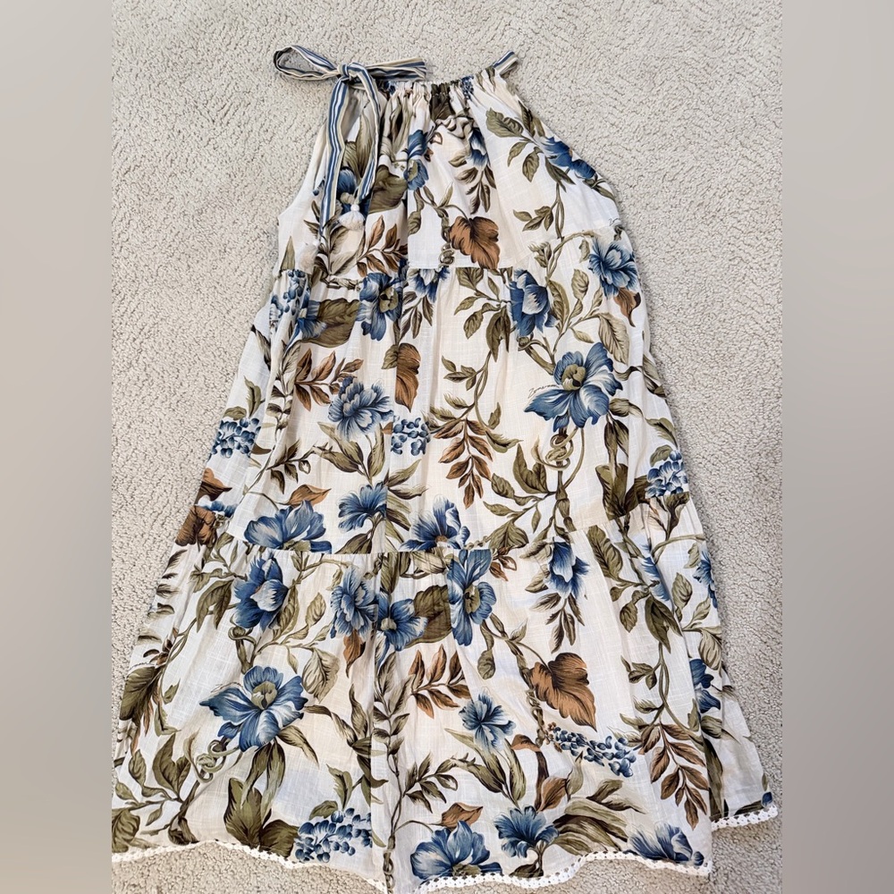 Zimmermann Floral Halter Dress in White, Blue, Olive